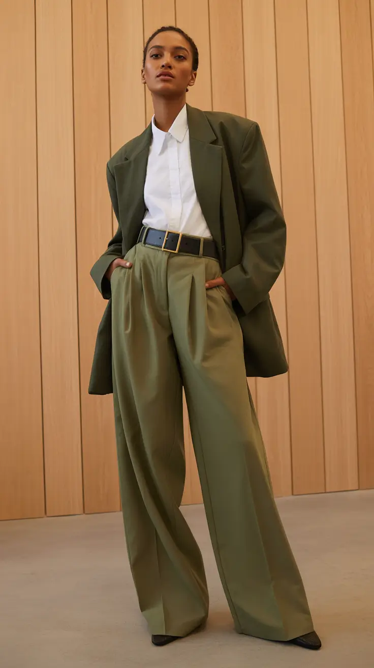 Trendy blazer outfits 2026 - Structured Olive Blazer With Wide-Leg Power Trousers