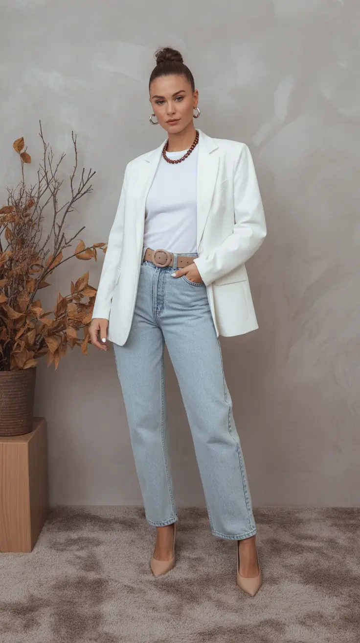 Trendy blazer outfits 2026 - White Blazer With Light Denim Simplicity