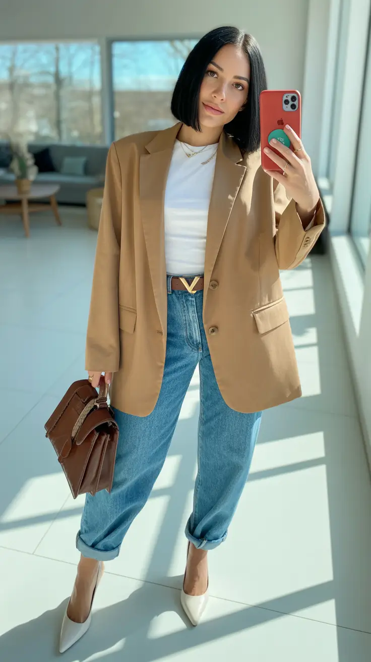 Trendy blazer outfits 2026 - Warm Brown Blazer With Relaxed Jeans & Chic Accessories
