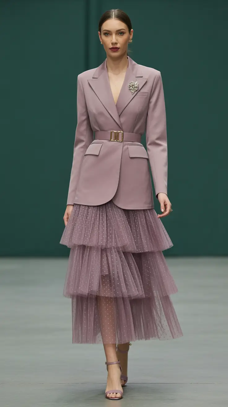 Trendy blazer outfits 2026 - Dusty Mauve Blazer With Tiered Tulle Skirt