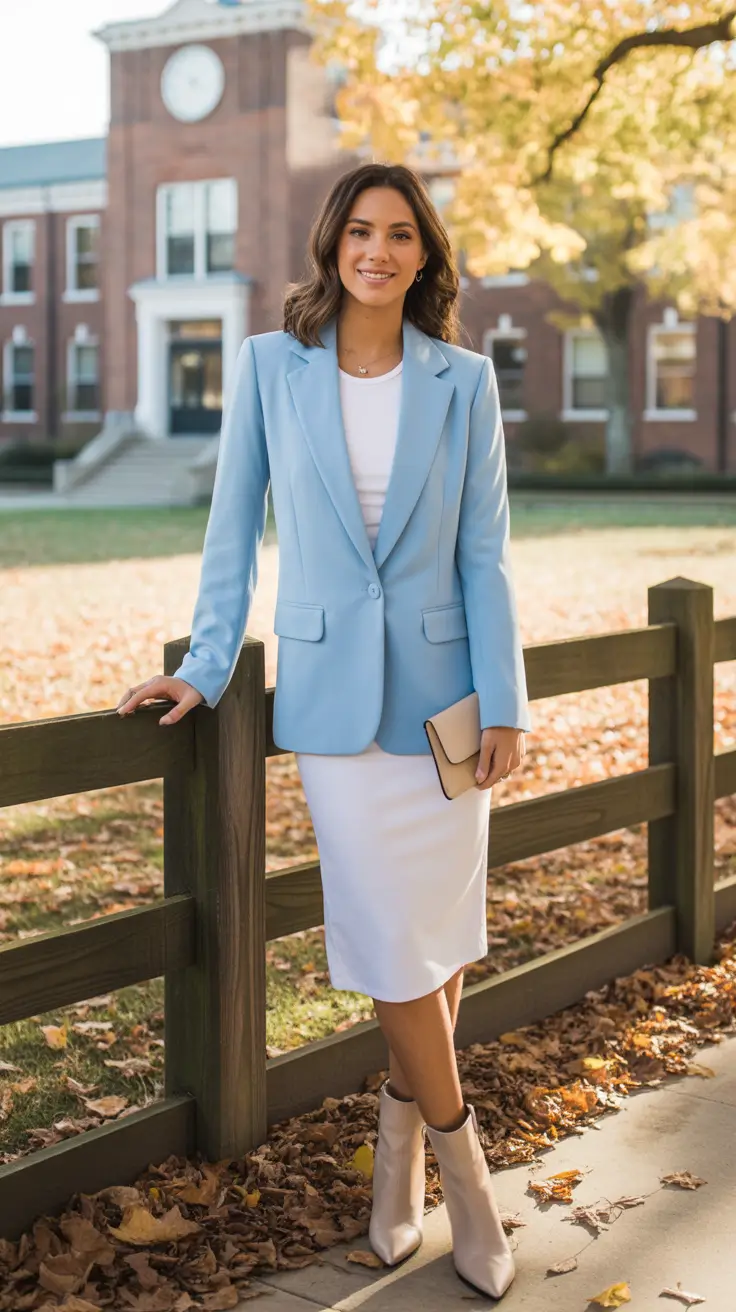 Trendy blazer outfits 2026 - Sky Blue Blazer With White Knit Dress