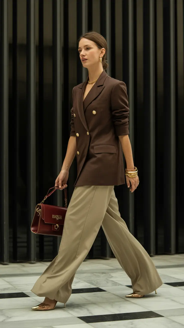 Trendy blazer outfits 2026 - Brown Double-Breasted Blazer From Desk To Dinner