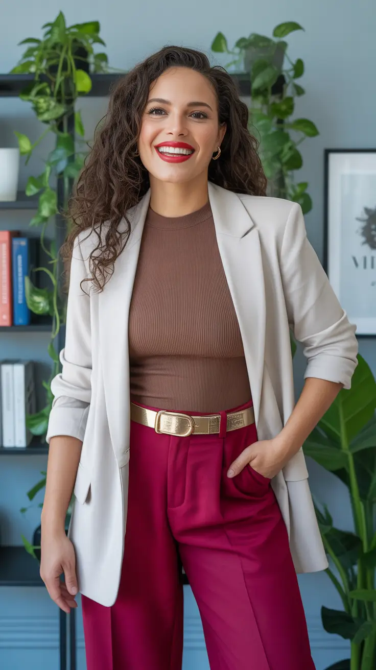 Trendy blazer outfits 2026 - Cream Blazer With Burgundy Statement Trousers