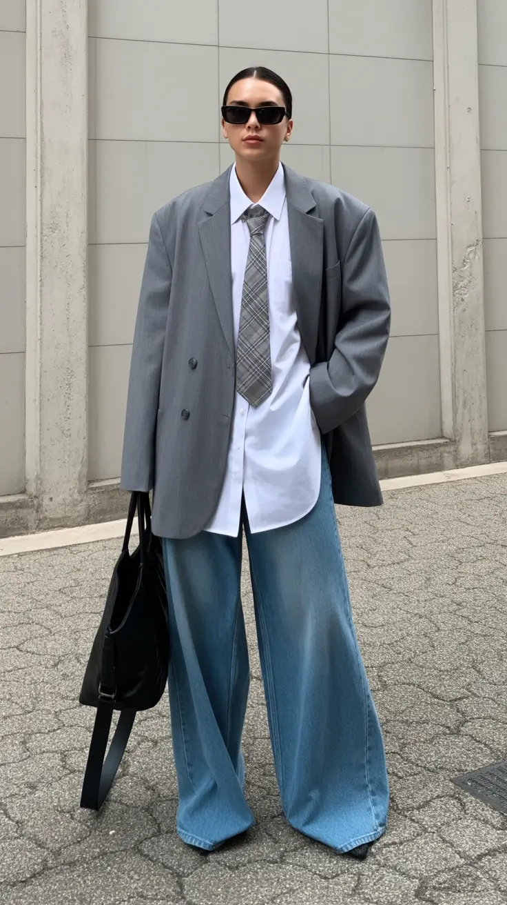 Trendy blazer outfits 2026 - Oversized Grey Blazer With Wide-Leg Denim