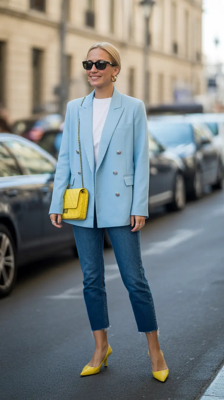 Trendy blazer outfits 2026 - Sky Blue Blazer With Jeans And Yellow Accents