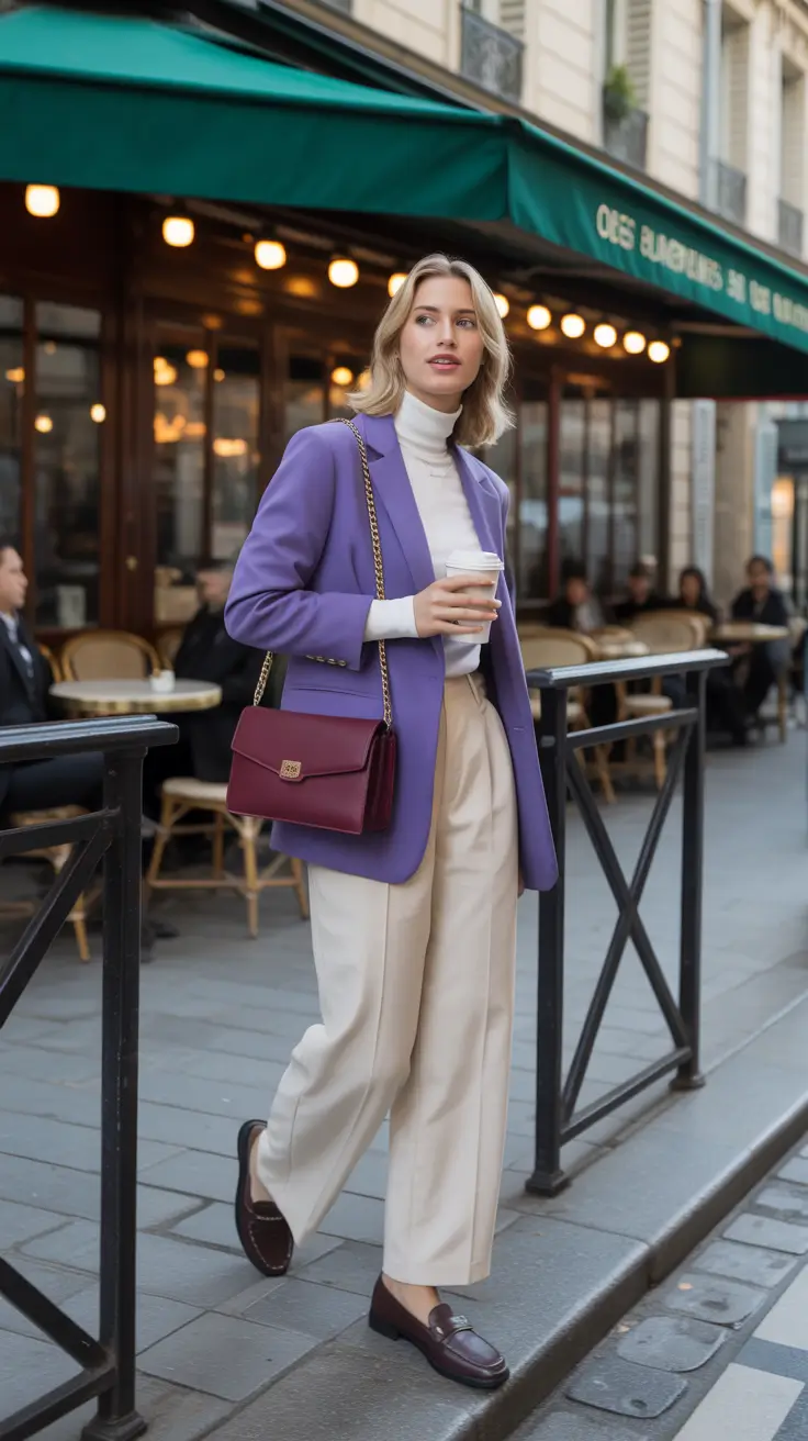Trendy blazer outfits 2026 - Lilac Blazer With Cream Trousers And Burgundy Bag
