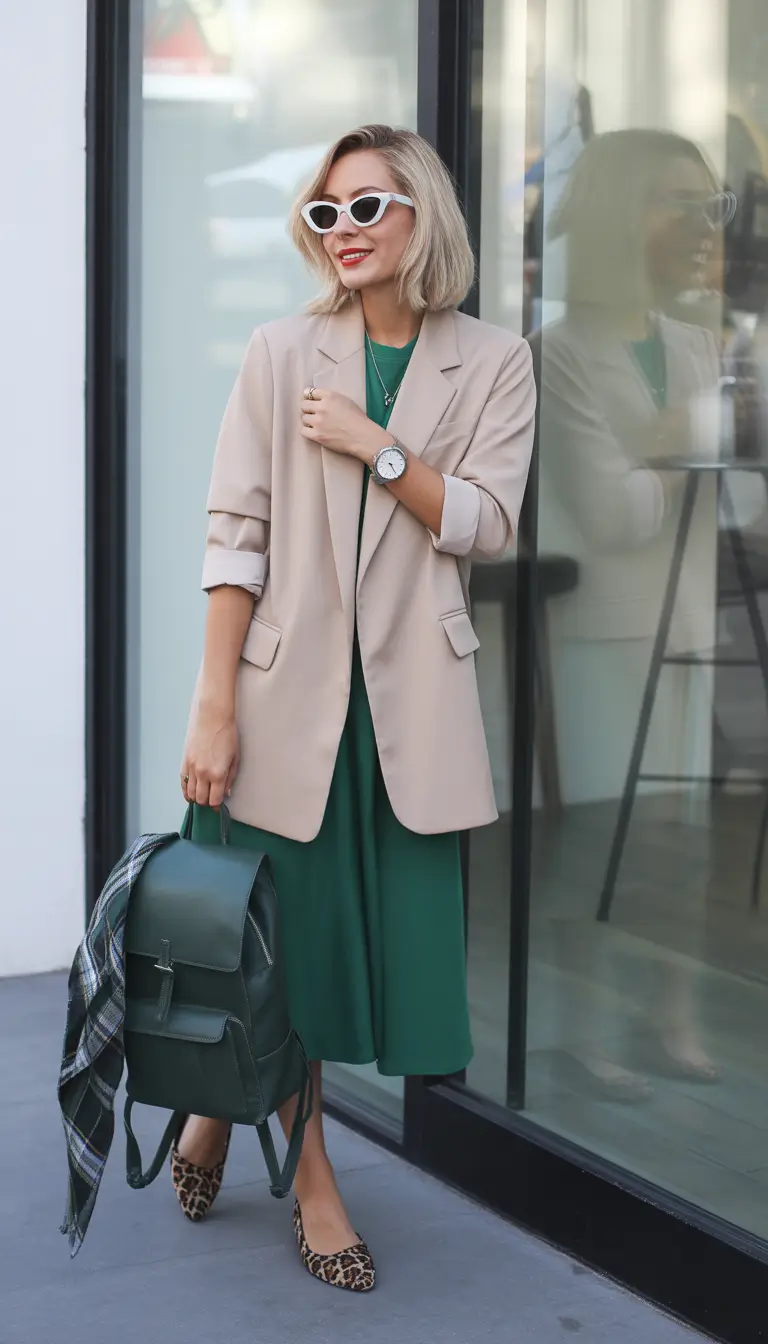 Trendy blazer outfits 2026 - Beige Blazer Over Green Midi Dress