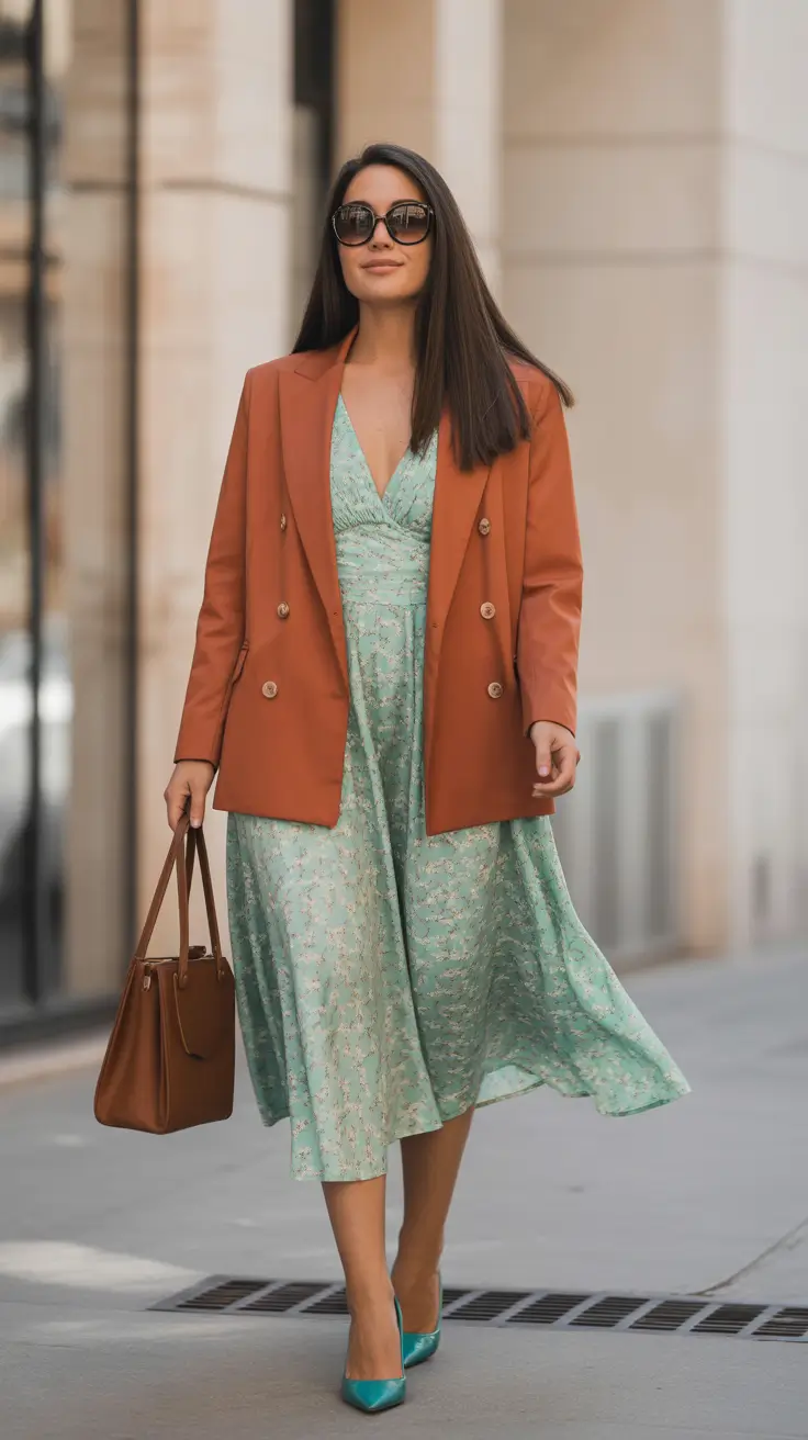 Trendy blazer outfits 2026 - Warm Terracotta Blazer With Flowing Midi Dress