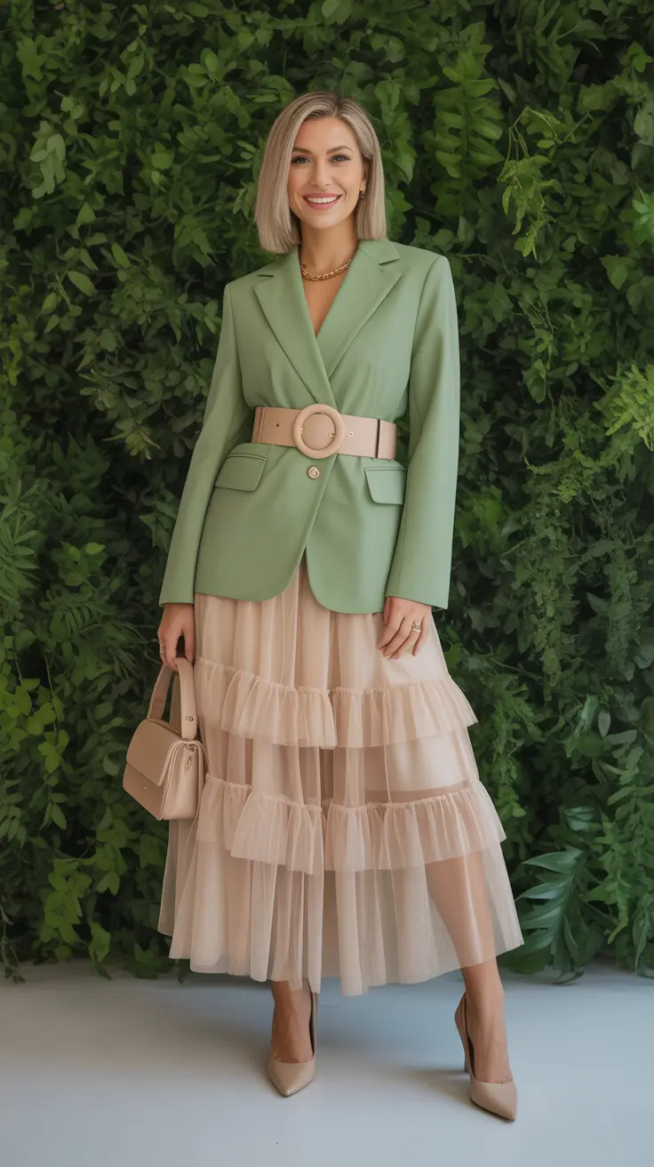 Trendy blazer outfits 2026 - Pastel Green Blazer And Layered Tulle Skirt