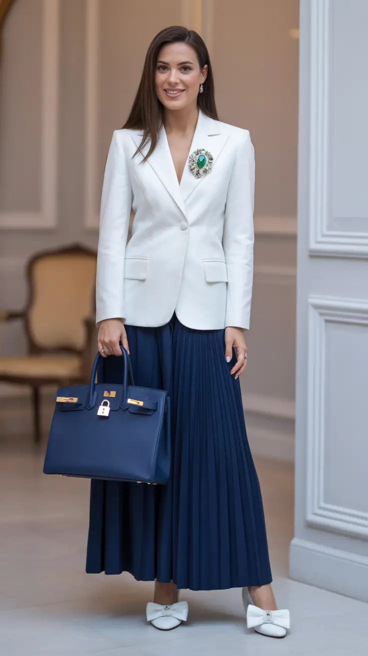 Trendy blazer outfits 2026 - White Blazer With Navy Blue Pleated Skirt
