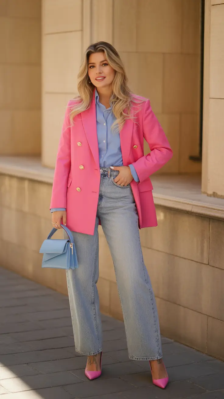 Trendy blazer outfits 2026 - Pink Statement Blazer With Casual Denim