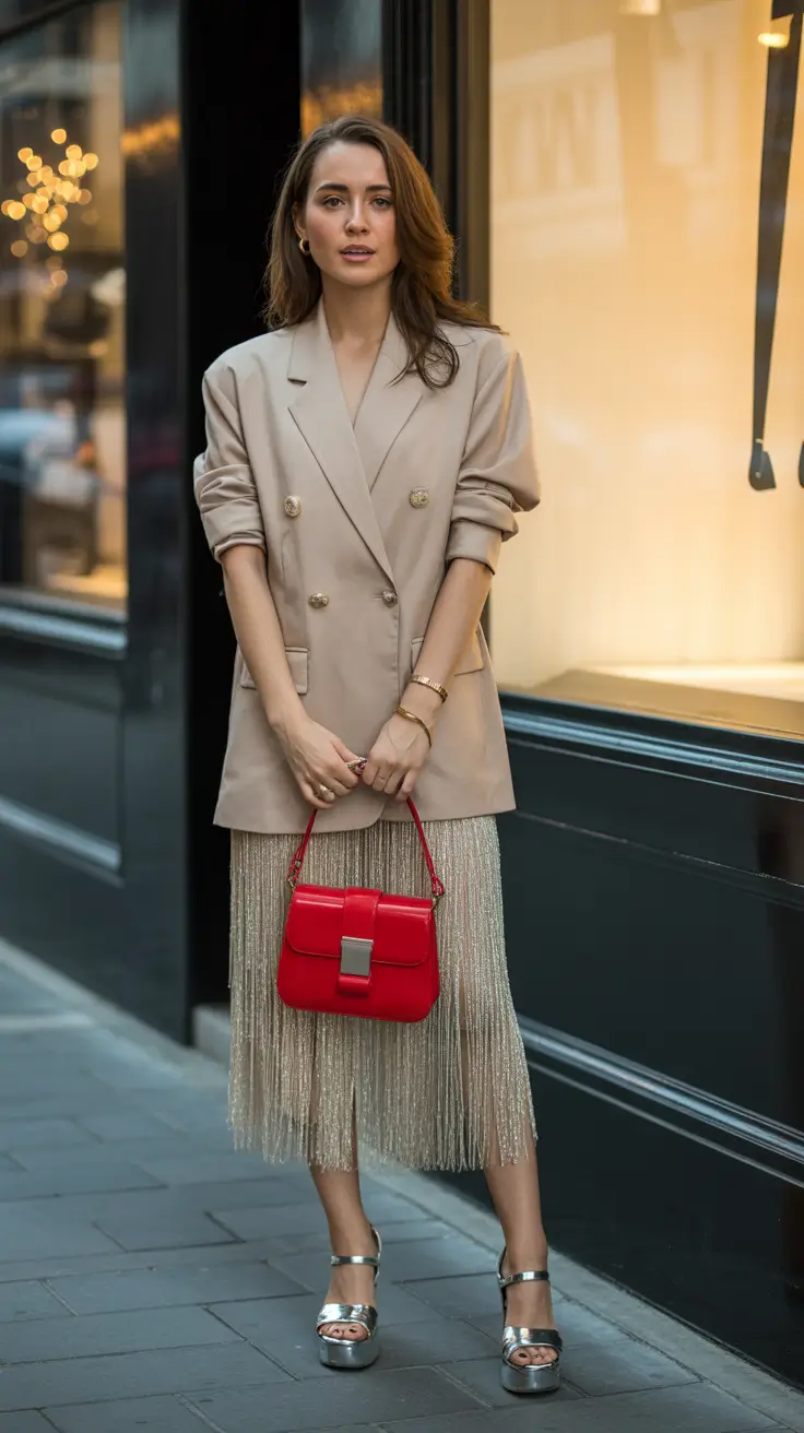 Trendy blazer outfits 2026 - Beige Blazer And Metallic Fringe Skirt