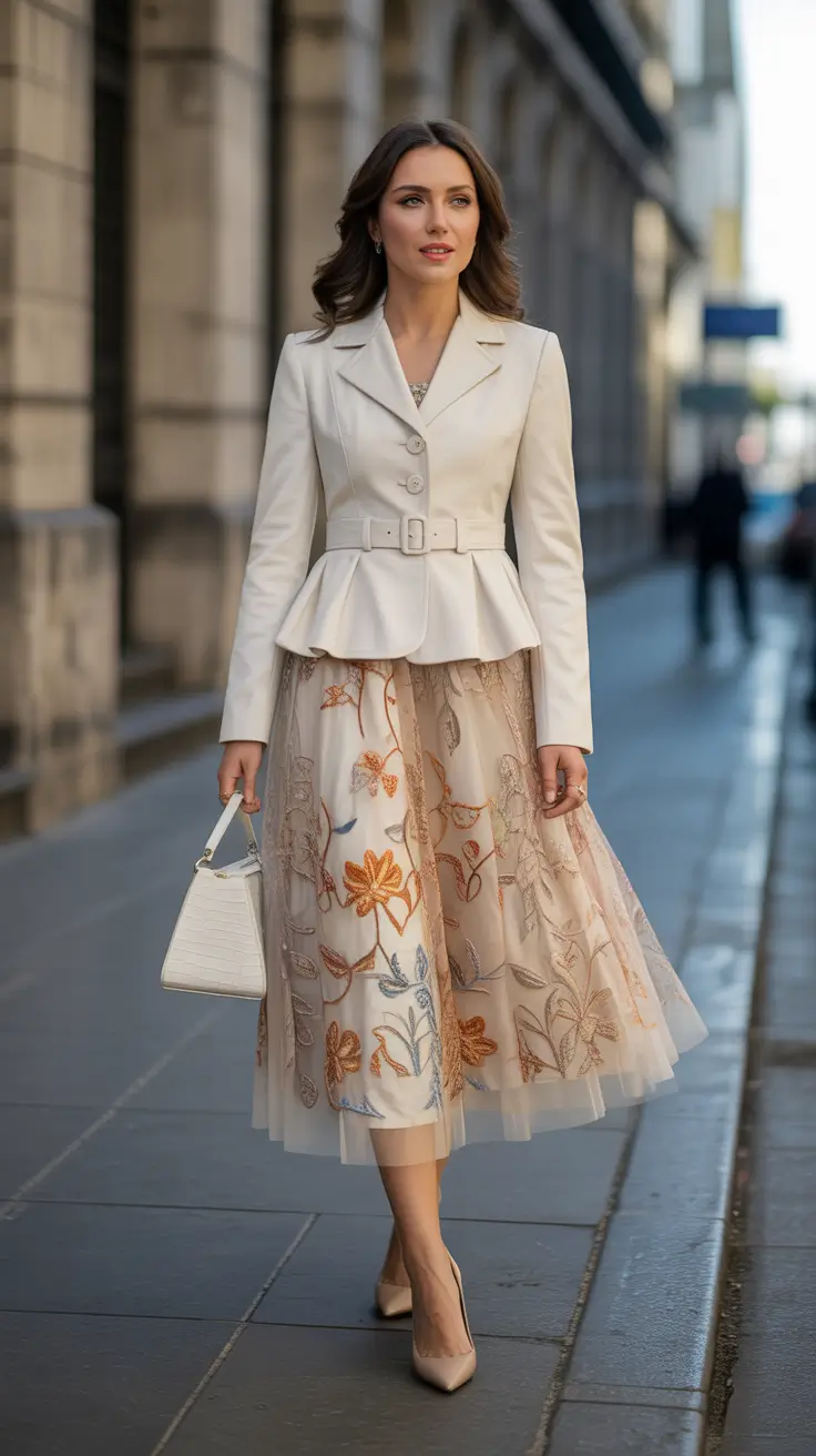 Trendy blazer outfits 2026 - Embroidered Skirt And White Peplum Blazer