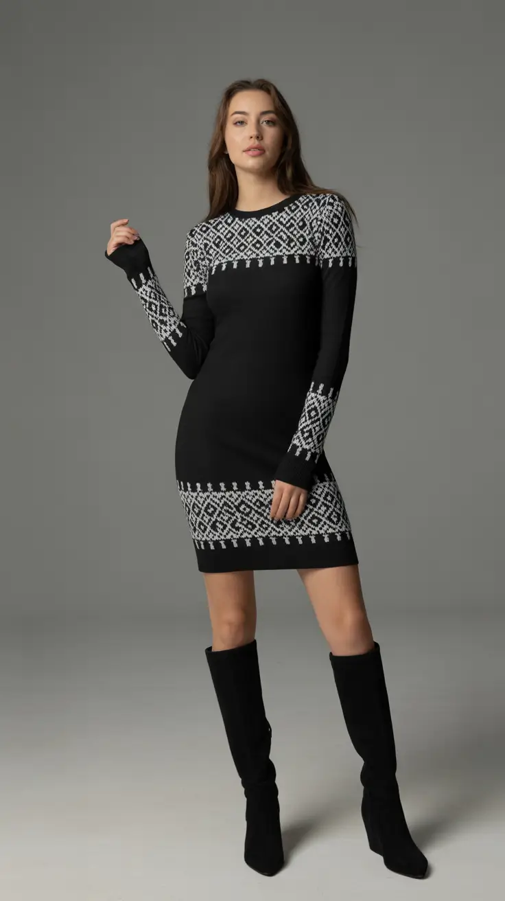 Trendy fashion outfits inspo 2026 Graphic knit dress for effortless winter street elegance