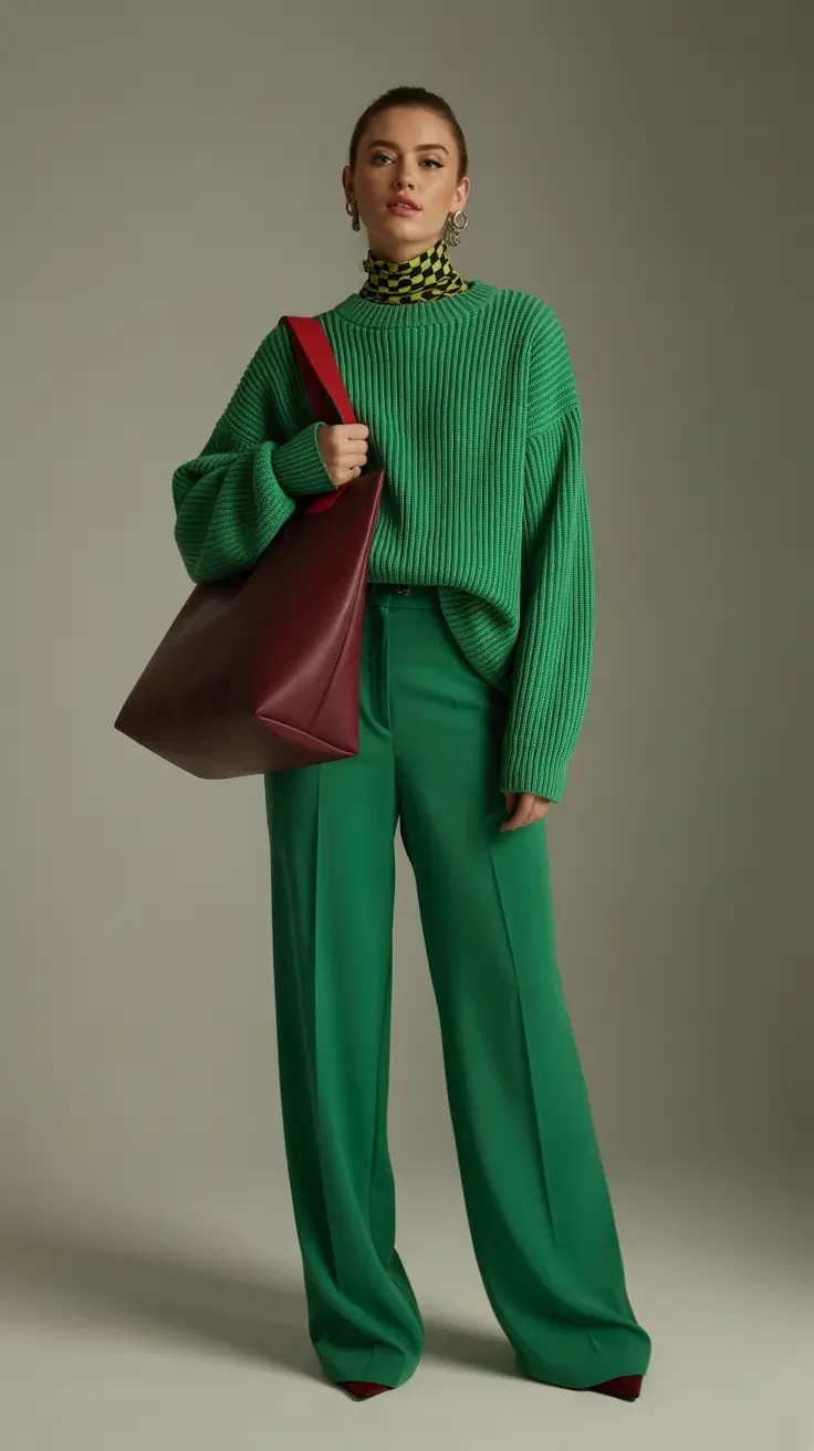 Trendy fashion outfits inspo 2026 Green on green power dressing for bold winter days