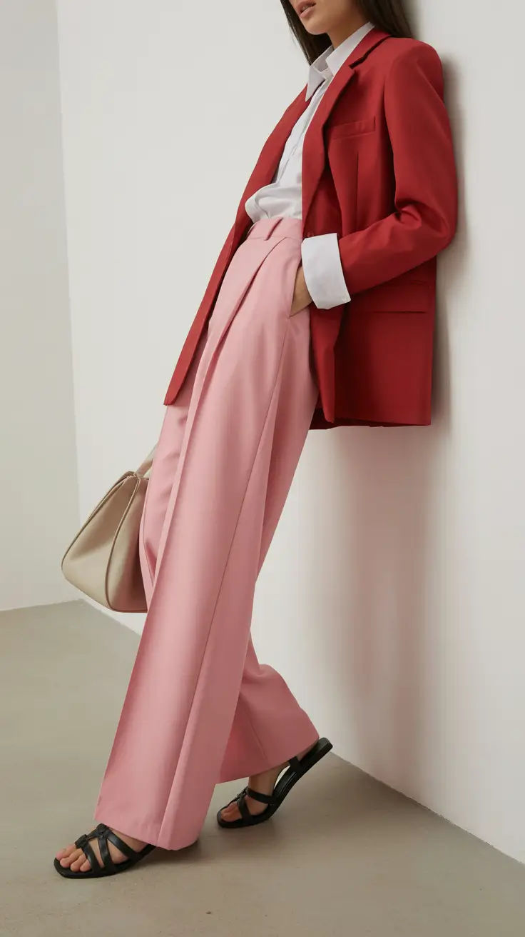 Trendy fashion outfits inspo 2026 Soft tailoring in blush and red for relaxed spring work style