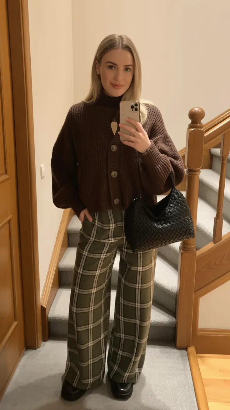 Trendy fashion outfits inspo 2026 Plaid wide legs and chunky knit for relaxed fall nights