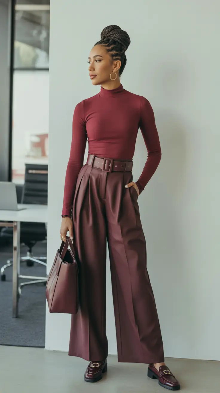 Trendy fashion outfits inspo 2026 Rich burgundy monochrome for polished fall work style