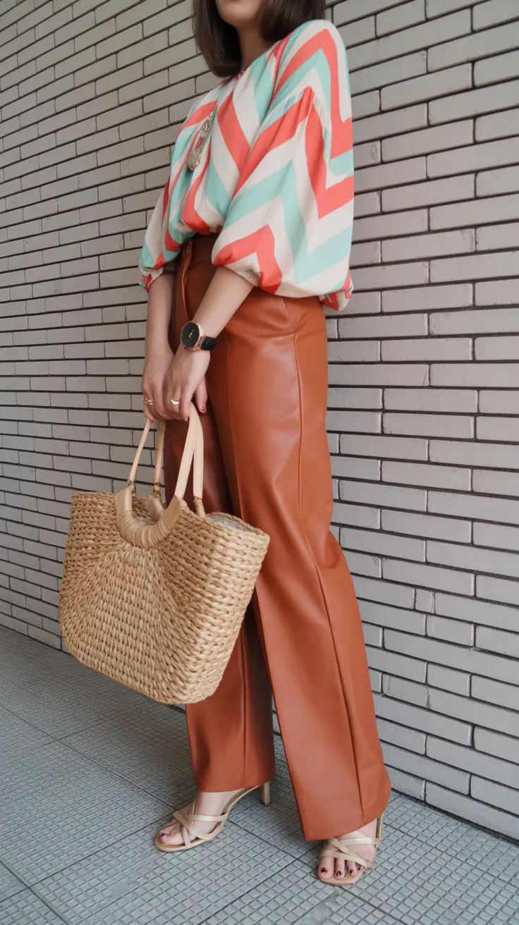 Trendy fashion outfits inspo 2026 Chevron blouse and leather trousers for elevated summer style
