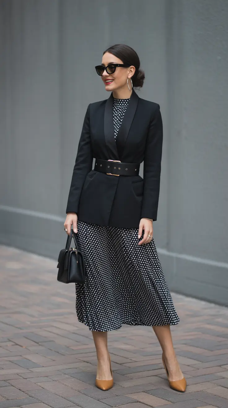 Trendy fashion outfits inspo 2026 Cinched blazer and midi dress for winter street sophistication