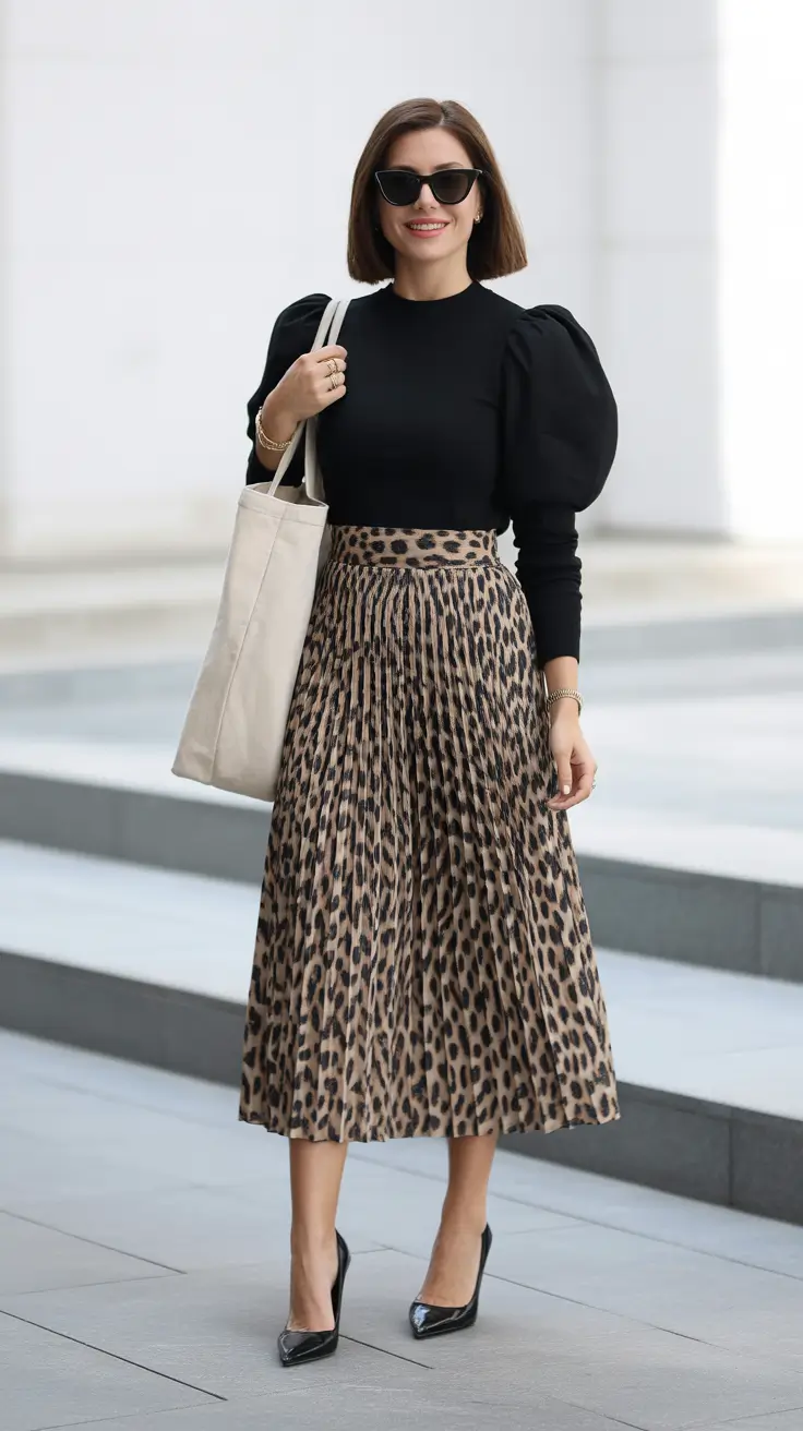 Trendy fashion outfits inspo 2026 Leopard pleats and puff sleeves for playful everyday style