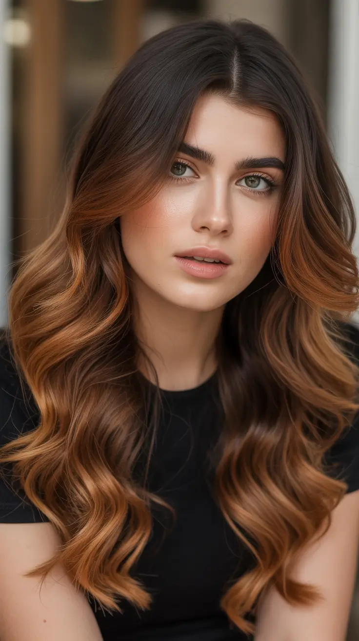 Warm auburn hair color 2026 – Rich Auburn Ribbons on Dark Brunette Lengths