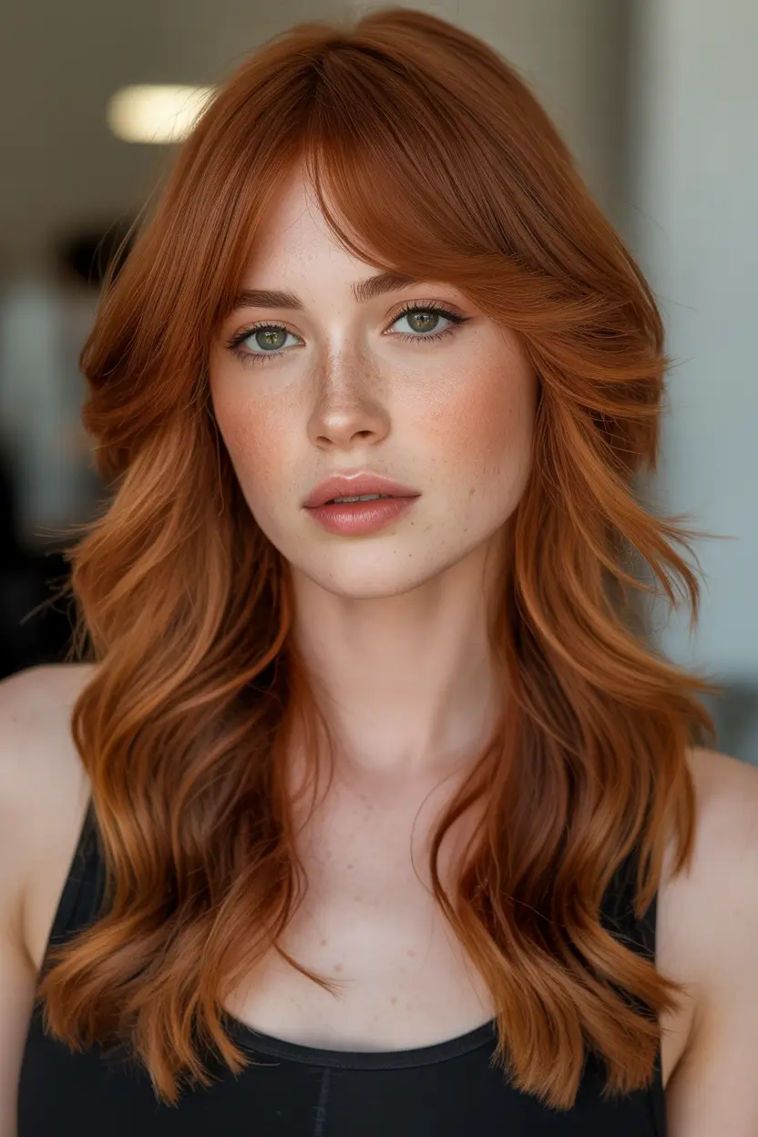 Warm auburn hair color 2026 – Soft Copper Layers on Fair Skin with Green Eyes