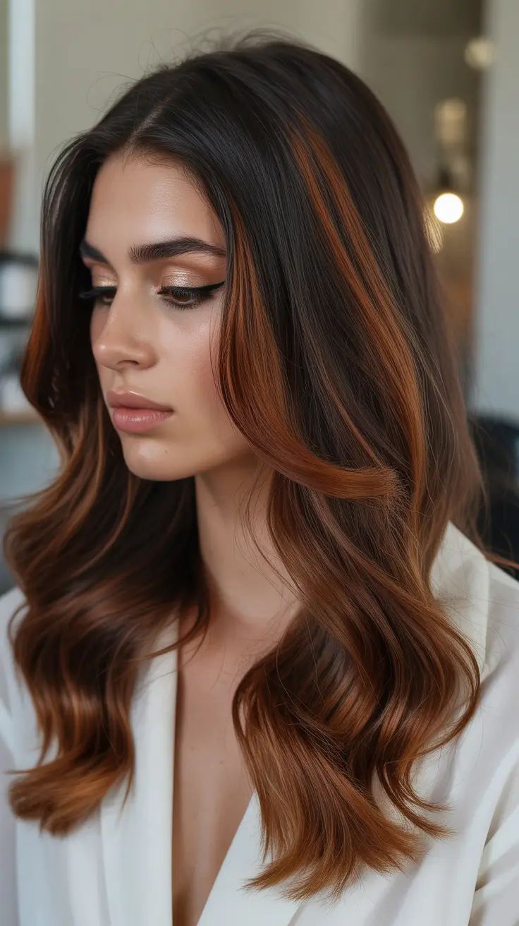 Warm auburn hair color 2026 – Subtle Copper Highlights on Dark Chocolate Lengths
