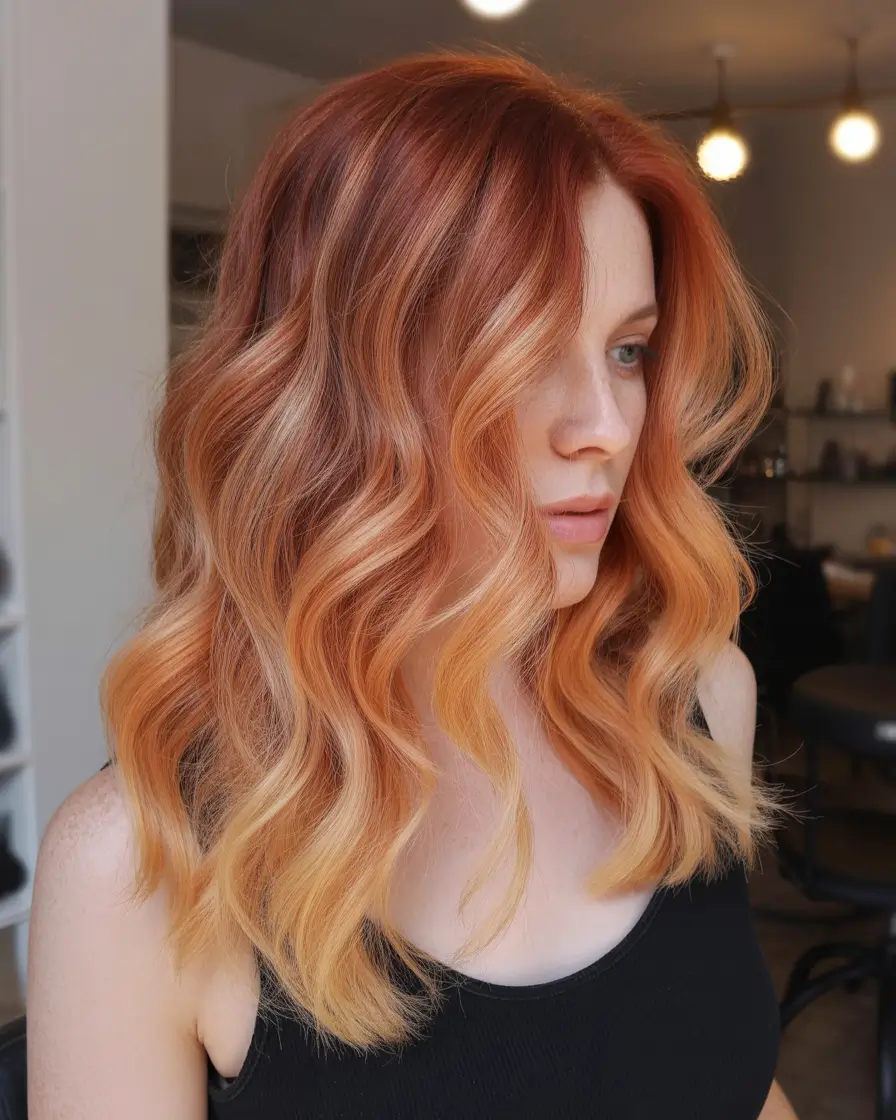 Warm auburn hair color 2026 – Peachy Copper Gradient with Blonde Ends