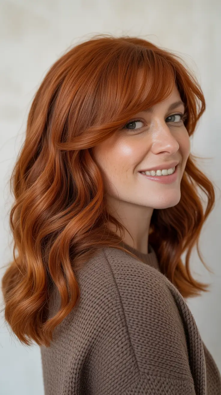 Warm auburn hair color 2026 – Soft Cinnamon Auburn with Cozy Fringe