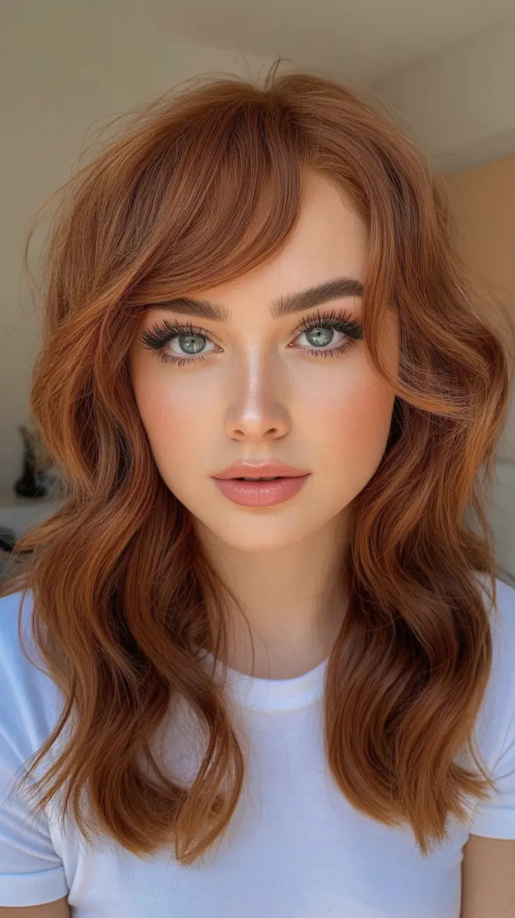 Warm auburn hair color 2026 – Medium Auburn Waves with Soft Fringe