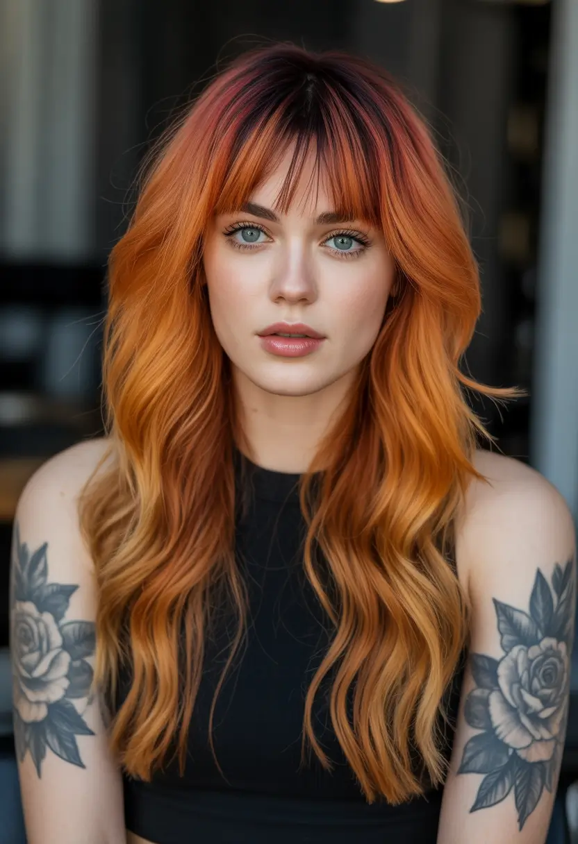 Warm auburn hair color 2026 – Vivid Copper-Orange with Dark Root and Fringe