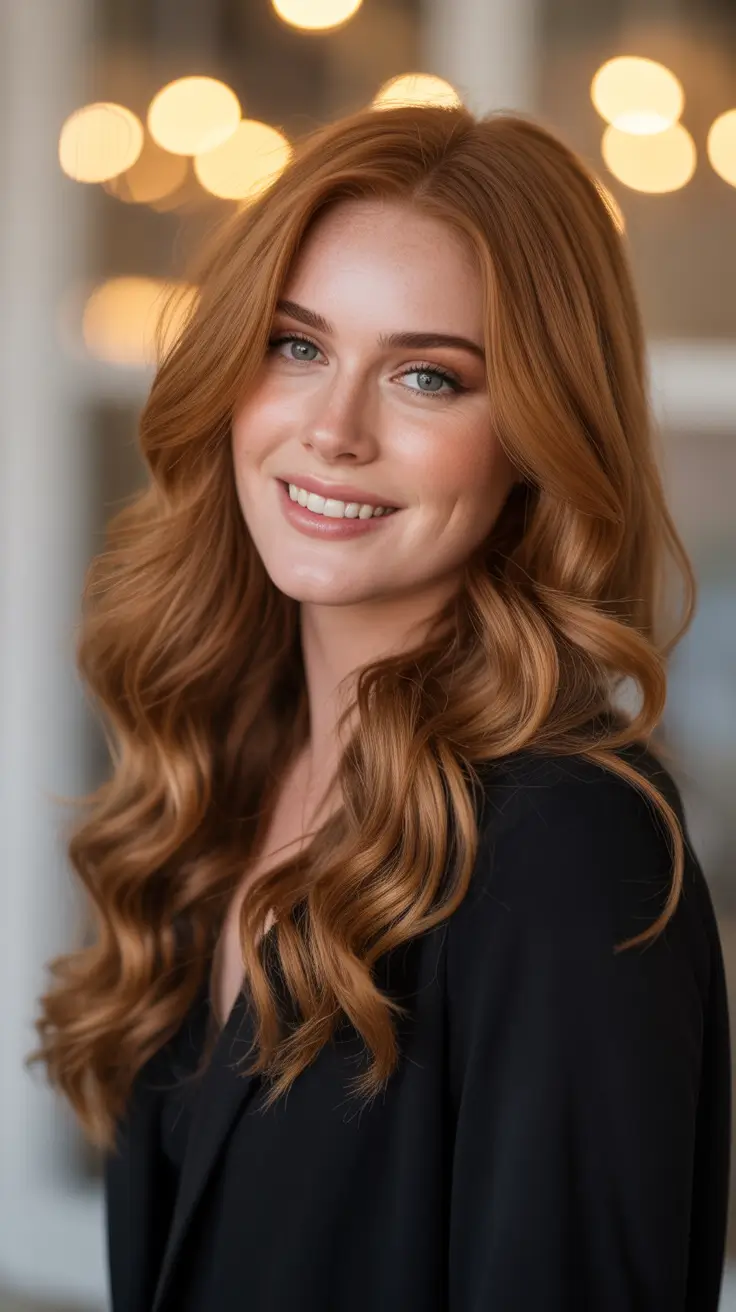 Warm auburn hair color 2026 – Soft Golden Auburn Curls for Evening Glow