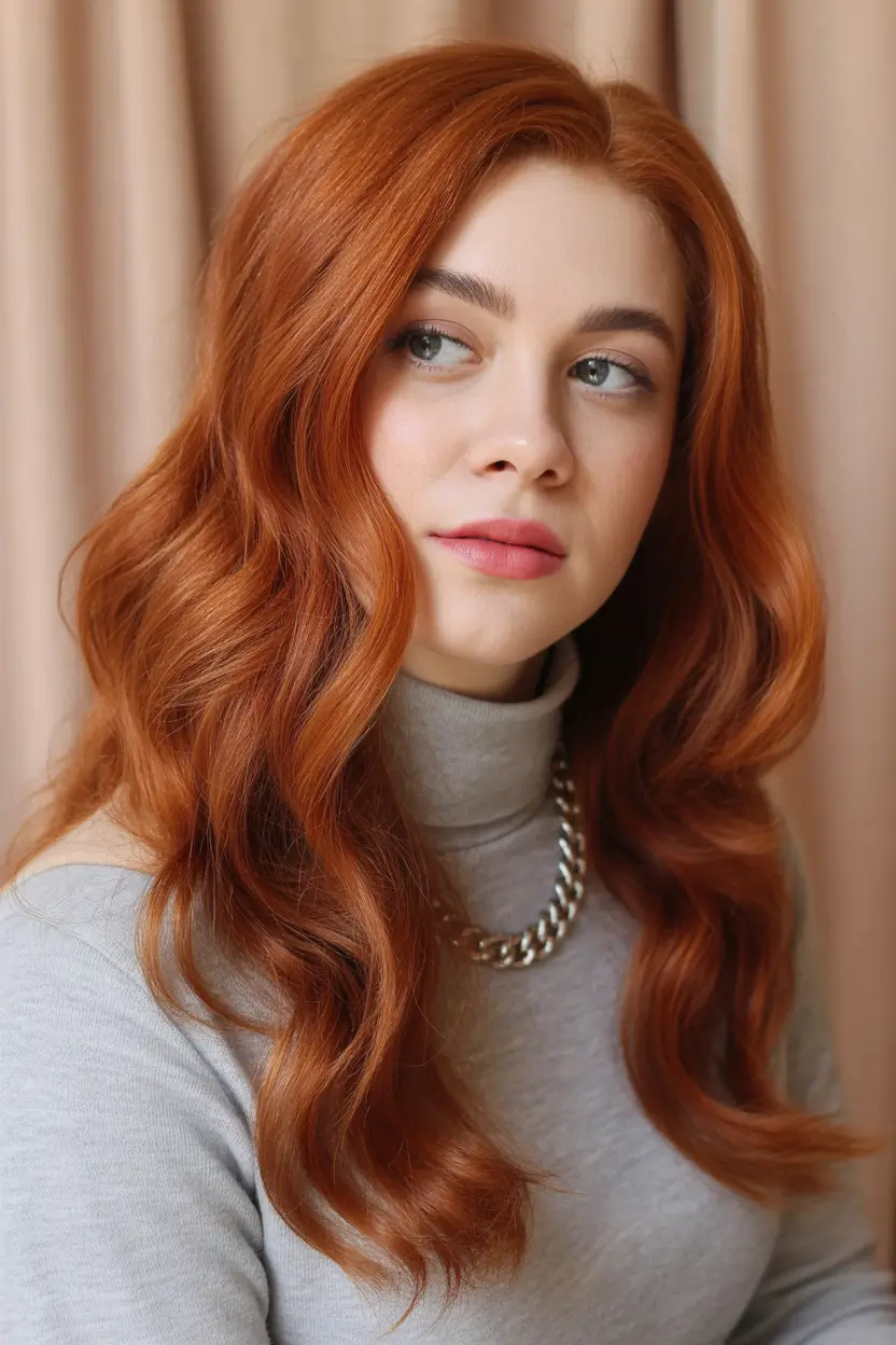 Warm auburn hair color 2026 – Rich Copper Turtleneck Chic