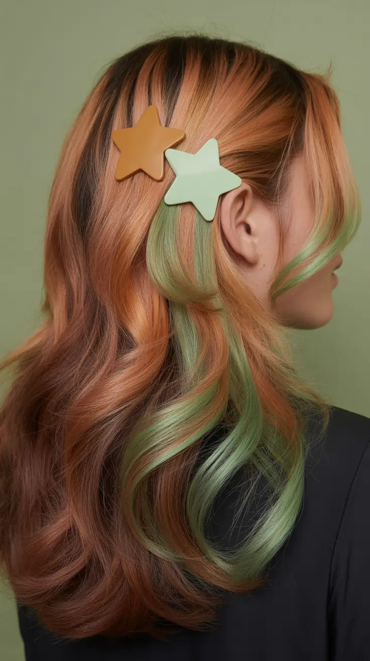 Warm auburn hair color 2026 – Playful Pastel Green and Copper Waves