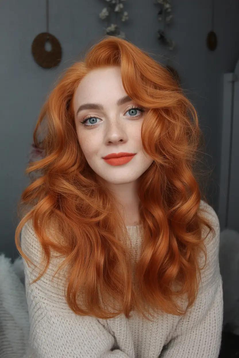 Warm auburn hair color 2026 – Bright Copper Waves for Fair Skin Blue Eyes
