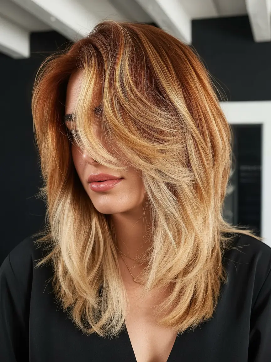 Warm auburn hair color 2026 – Auburn with Blonde Balayage Dimension