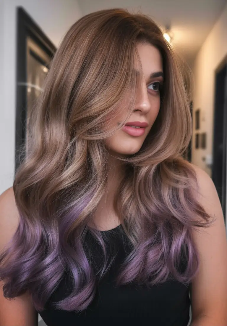 Warm brunette hair color 2026 - Latte Brunette With Smoky Lavender Ends