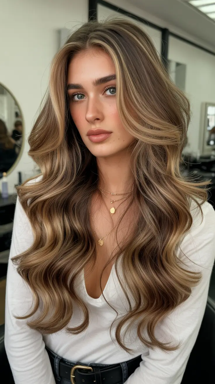 Warm brunette hair color 2026 - Glam Latte Layers With Soft Blonde Ribbons