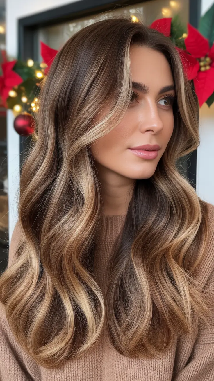 Warm brunette hair color 2026 - Holiday Caramel Brunette With Blonde Highlights