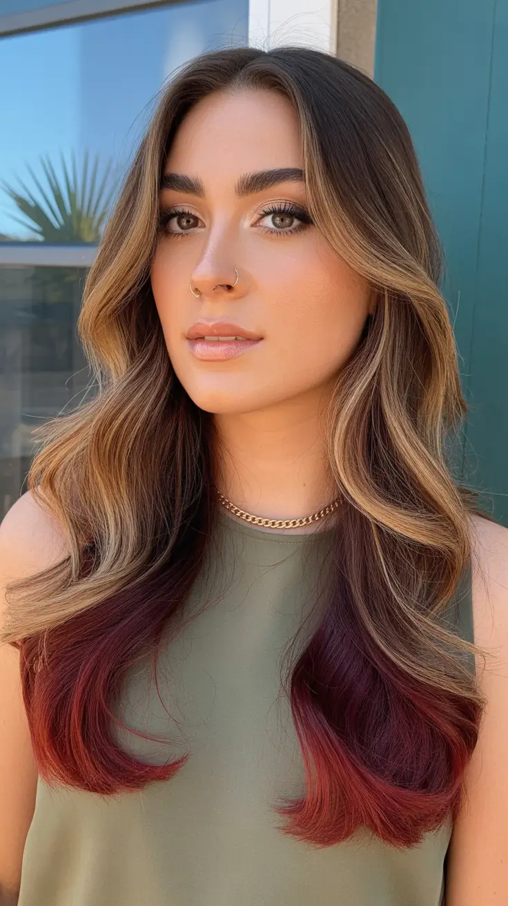 Warm brunette hair color 2026 - Chocolate Brunette With Fiery Red Ends