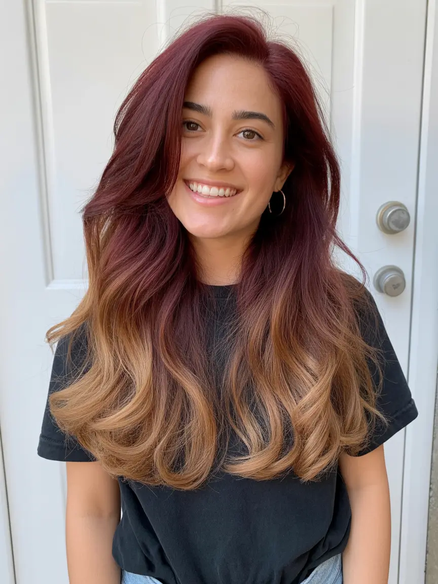 Warm brunette hair color 2026 - Rich Burgundy Brunette With Caramel Ends