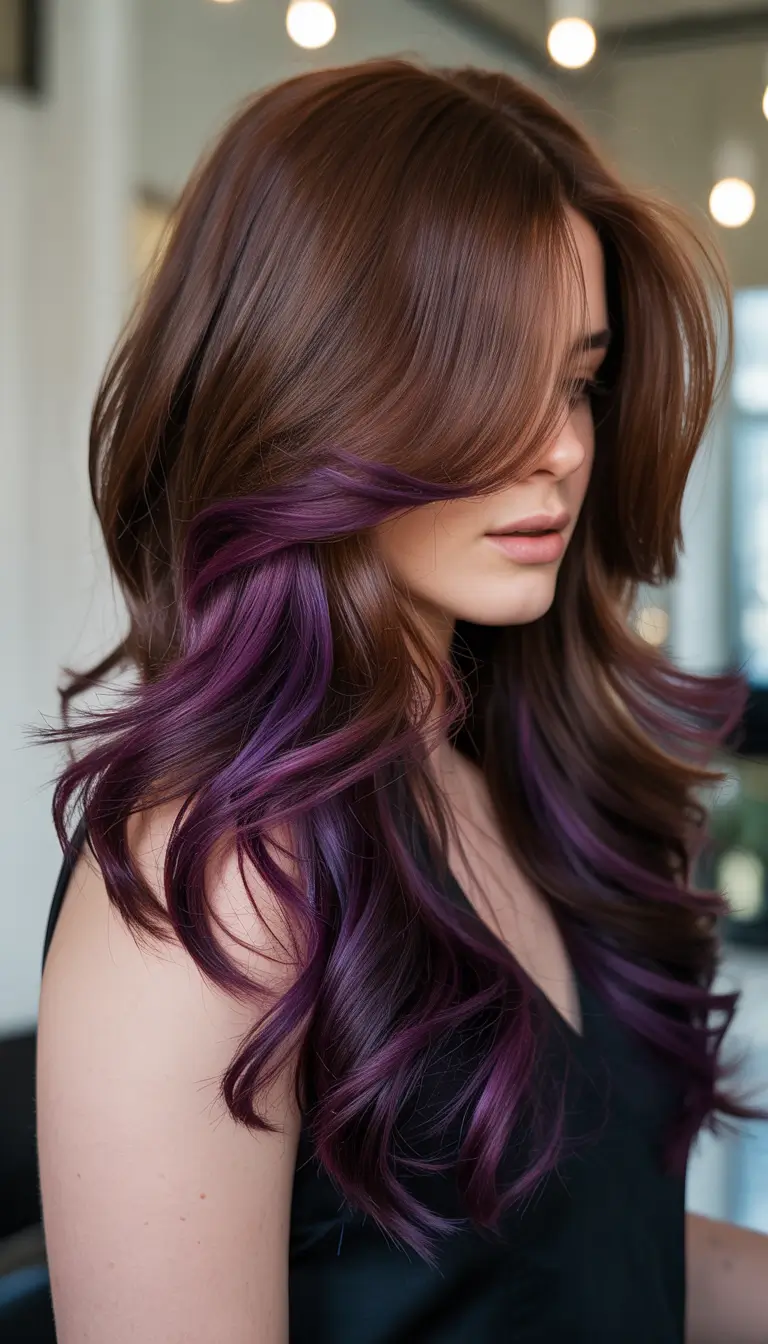 Warm dark brown hair color 2026 – Velvety Plum Ribbons on Dark Chocolate Waves