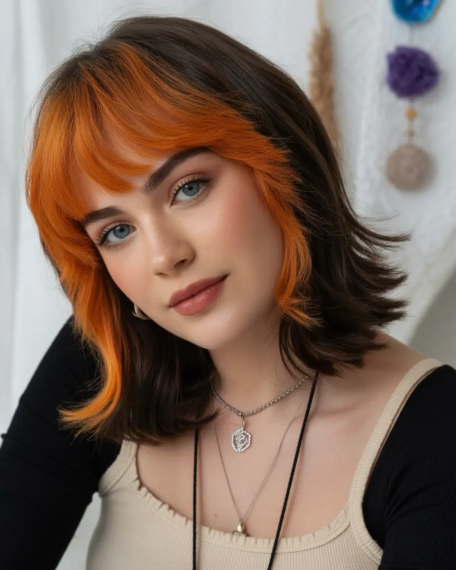 Warm dark brown hair color 2026 – Short Block-Color Shag in Pumpkin and Cocoa