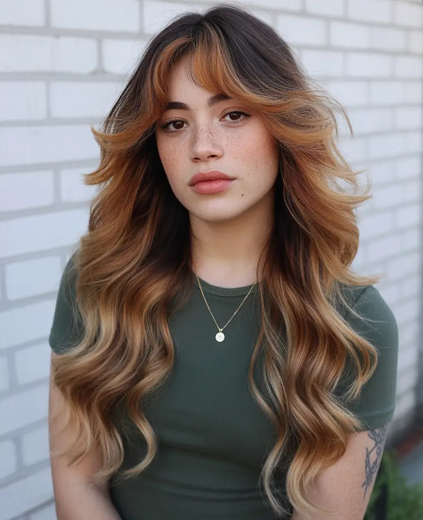 Warm dark brown hair color 2026 Butterscotch Waves on Dark Brunette Roots