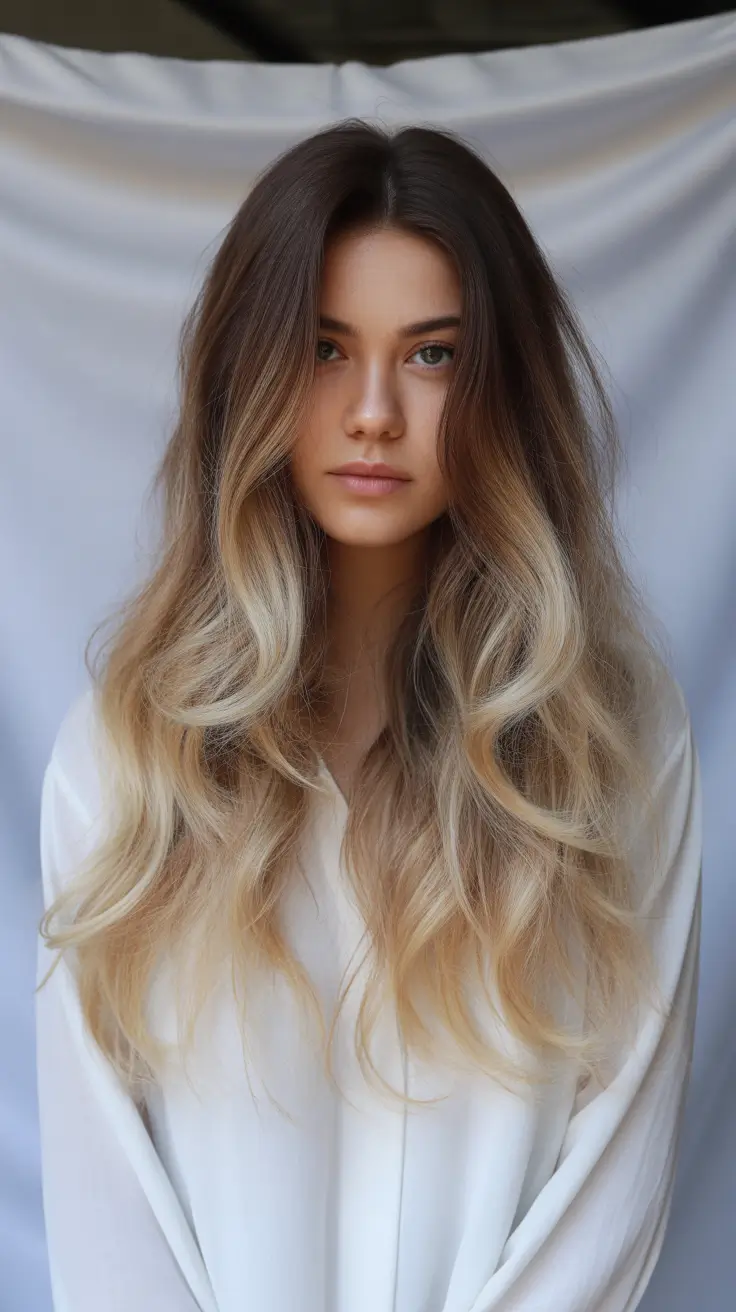 Warm dark brown hair color 2026 High-Contrast Brunette and Vanilla Balayage