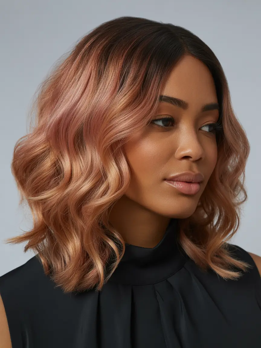 Warm dark brown hair color 2026 Rosy Brunette Lob on Glowing Brown Skin