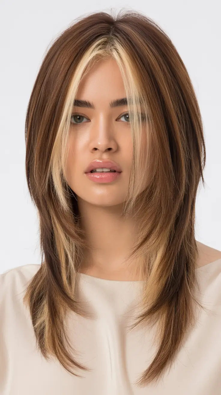 Warm dark brown hair color 2026 Chunky Blonde Money Piece on Layered Brunette Shag