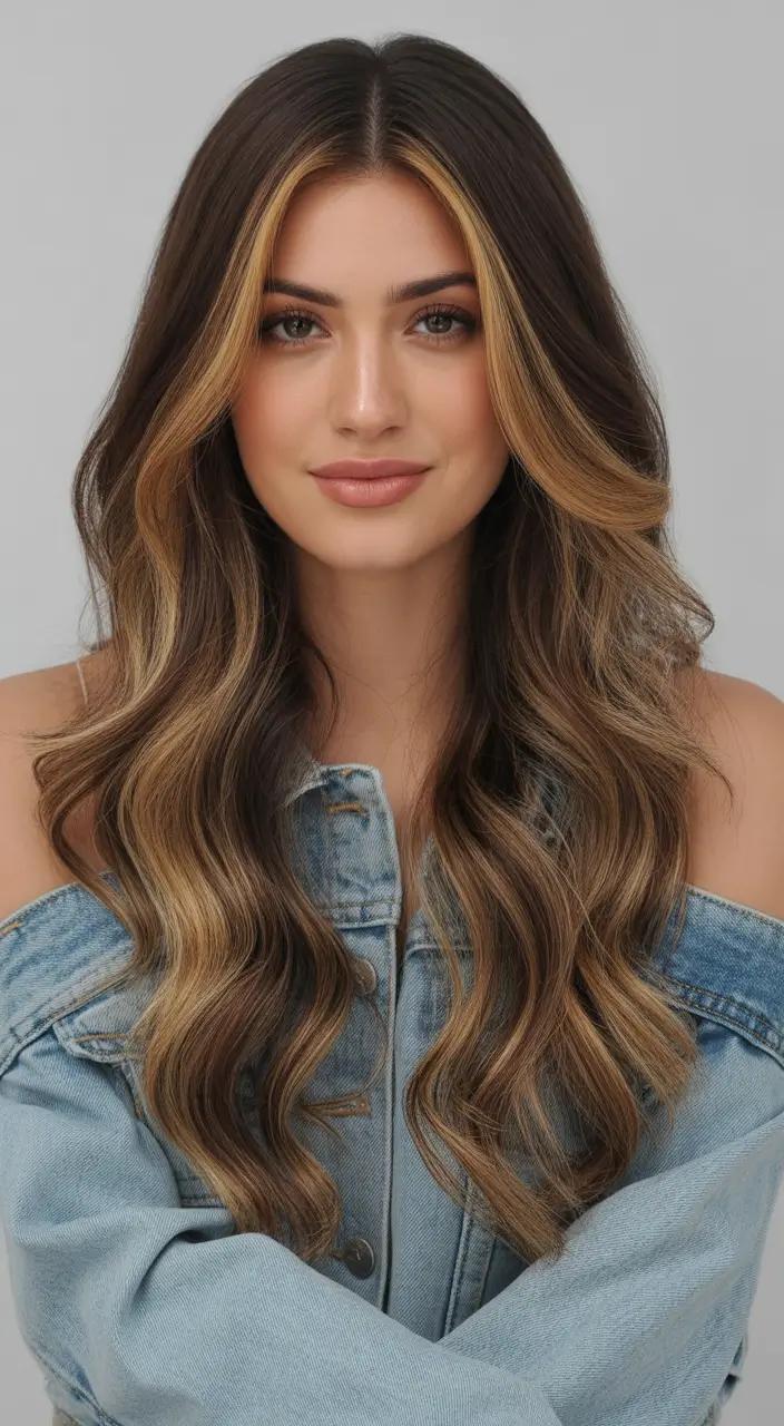 Warm dark brown hair color 2026 Soft Golden Contour Brunette with Denim Vibes