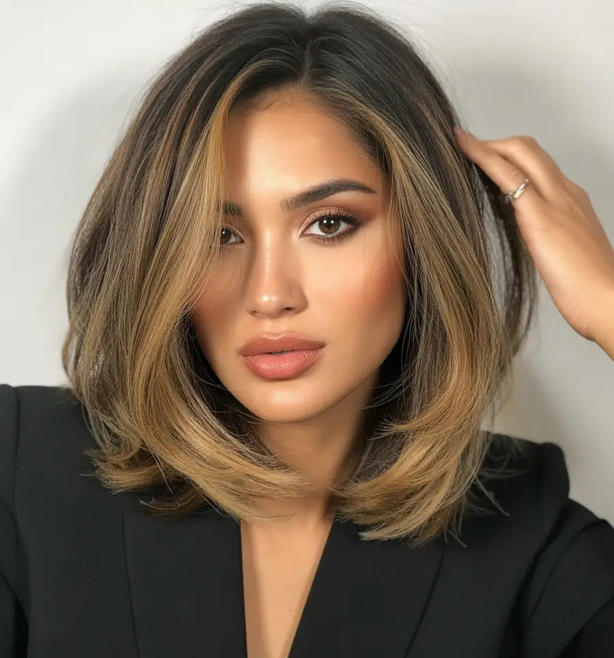 Warm dark brown hair color 2026 Power Bob with Sand-Gold Ends